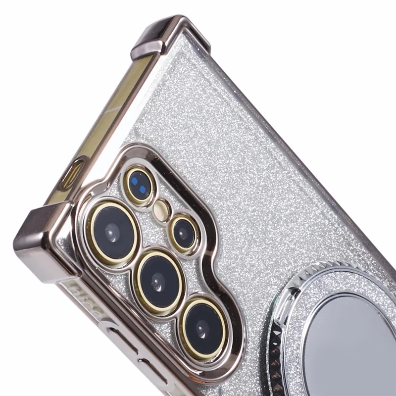 For Samsung Galaxy S24 Ultra Case Glitter TPU Phone Cover with Kickstand Mirror - Grey