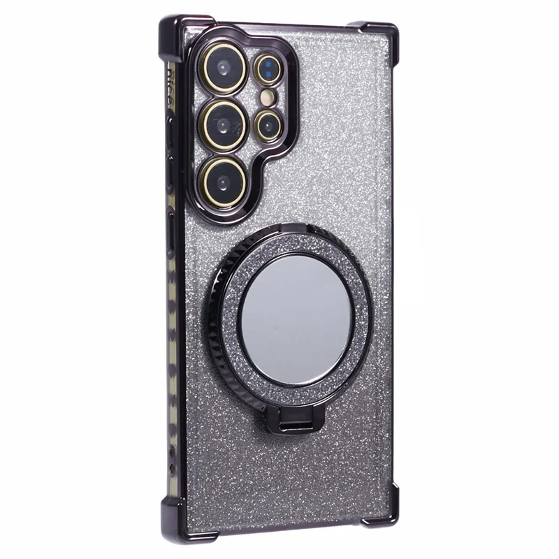 For Samsung Galaxy S24 Ultra Case Glitter TPU Phone Cover with Kickstand Mirror - Black