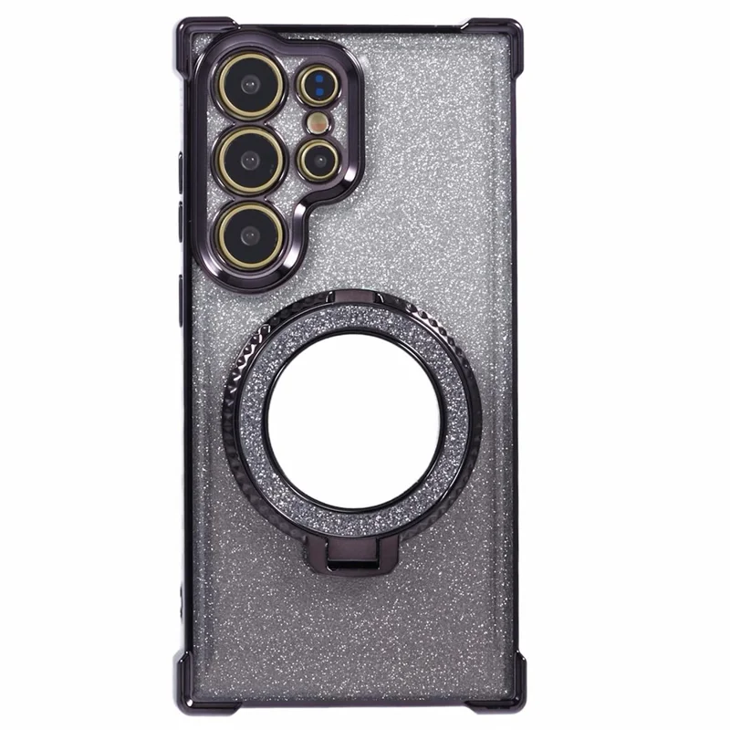 For Samsung Galaxy S24 Ultra Case Glitter TPU Phone Cover with Kickstand Mirror - Black