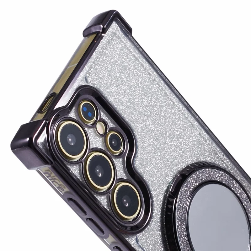 For Samsung Galaxy S24 Ultra Case Glitter TPU Phone Cover with Kickstand Mirror - Black