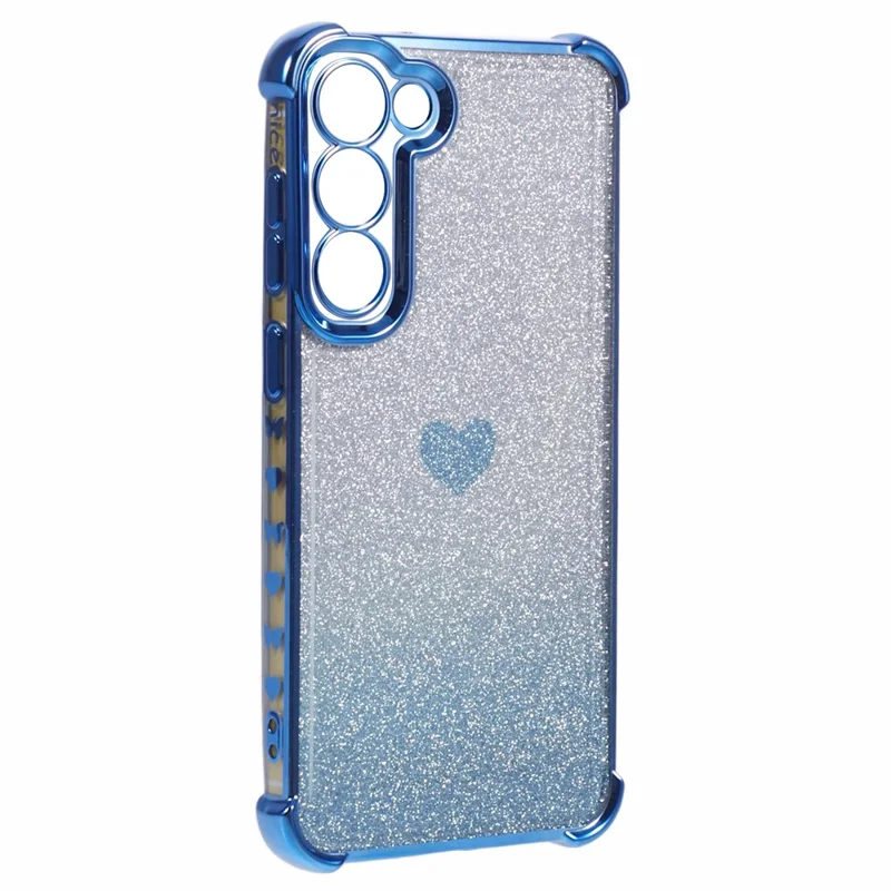 For Samsung Galaxy S23+ Case Glitter Gradient TPU Phone Cover Heart Pattern Reinforced Corners - Blue
