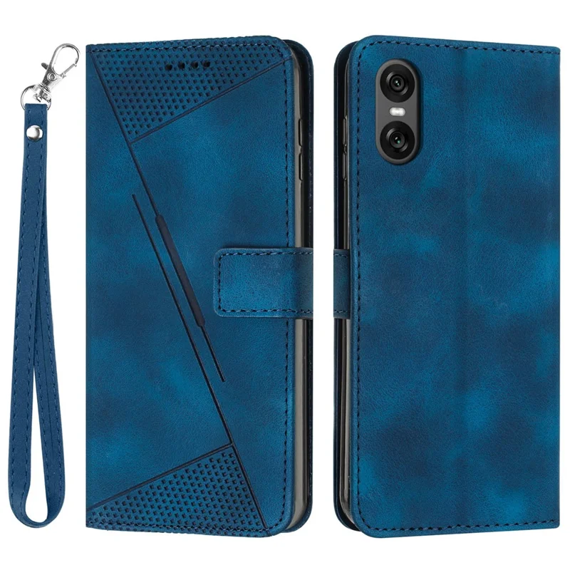 For Sony Xperia 10 VI Case with Hand Strap Triangle Imprinted Wallet Phone Leather Cover - Sapphire