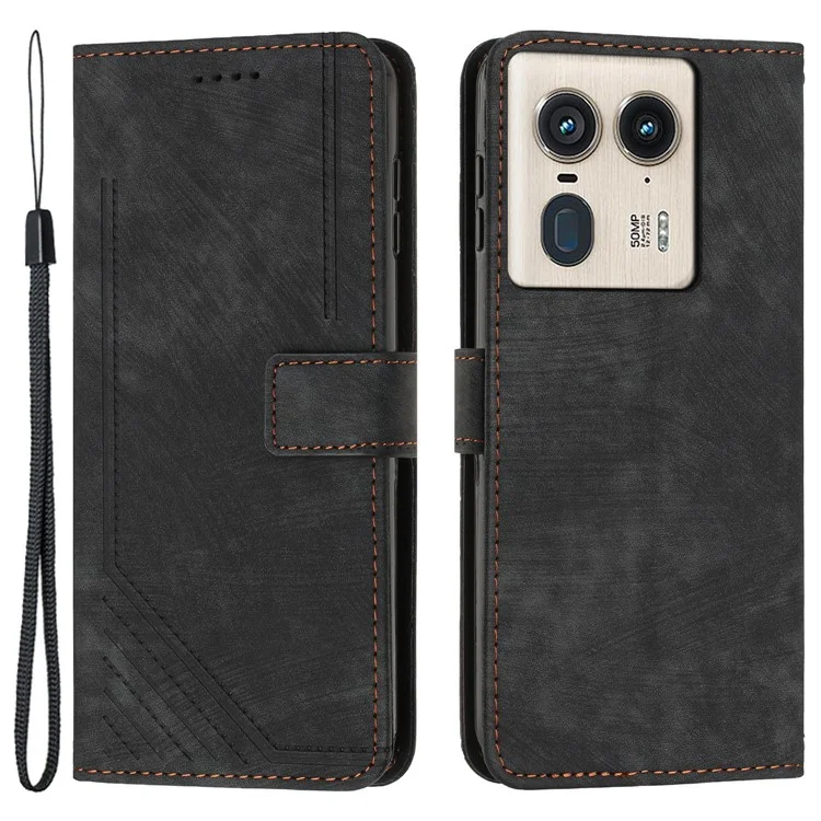 Для Motorola Edge 50 Ultra 5G / Moto X50 Ultra 5G Чехол для телефона Lines Imprint PU Leather Wallet Stand Cover - Черный