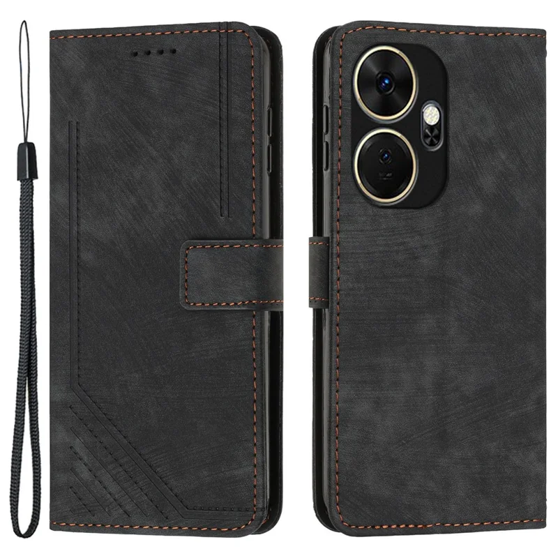 For itel P55+ Phone Case Lines Imprinted PU Leather Wallet Stand Cover - Black
