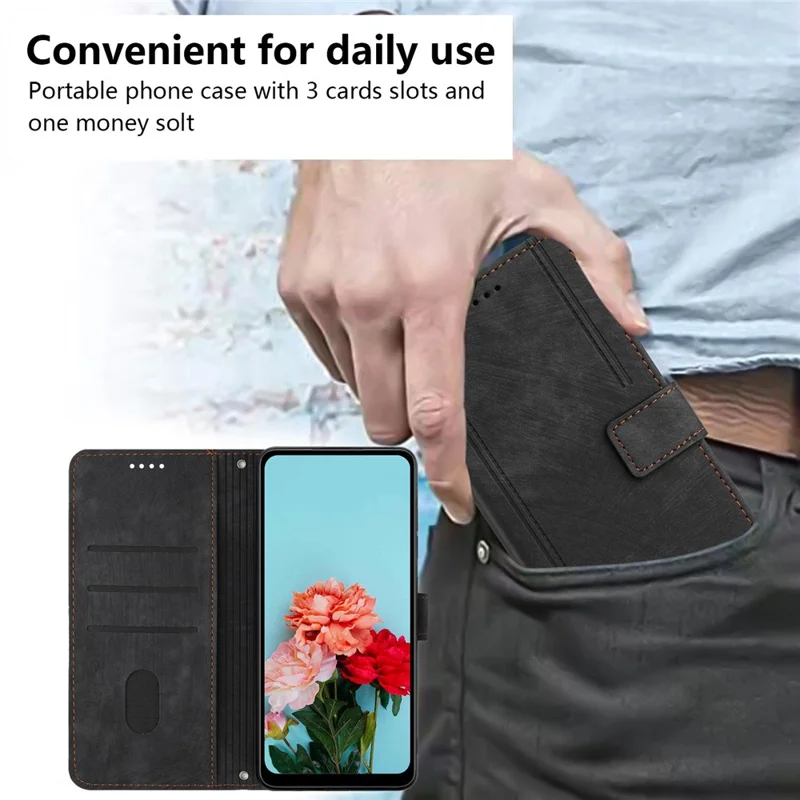 For itel P55+ Phone Case Lines Imprinted PU Leather Wallet Stand Cover - Black