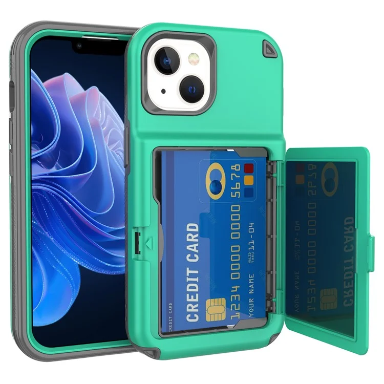 For iPhone 15 Card Case PC+TPU Phone Cover with  Makeup Mirror - Green / Grey