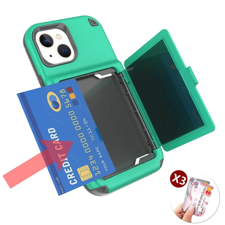 For iPhone 15 Card Case PC+TPU Phone Cover with  Makeup Mirror - Green / Grey