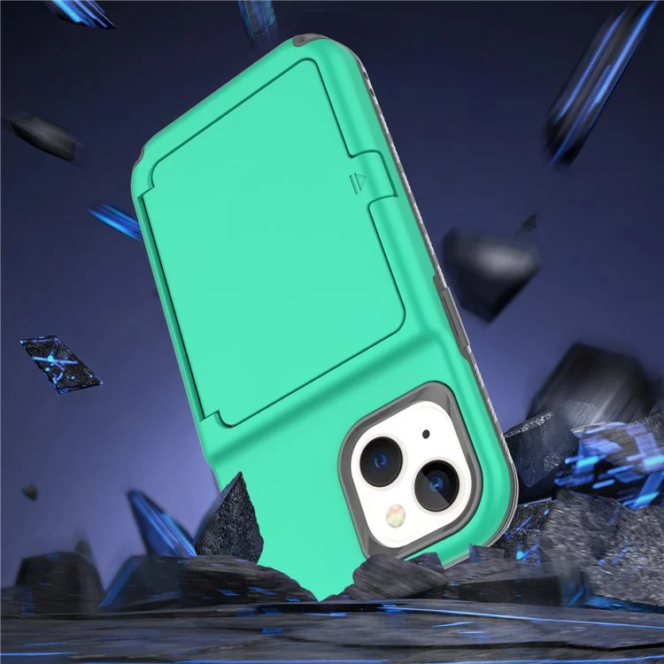 For iPhone 15 Card Case PC+TPU Phone Cover with  Makeup Mirror - Green / Grey