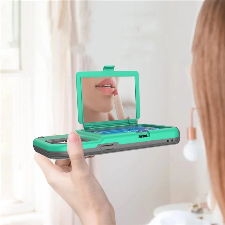 For iPhone 15 Card Case PC+TPU Phone Cover with  Makeup Mirror - Green / Grey