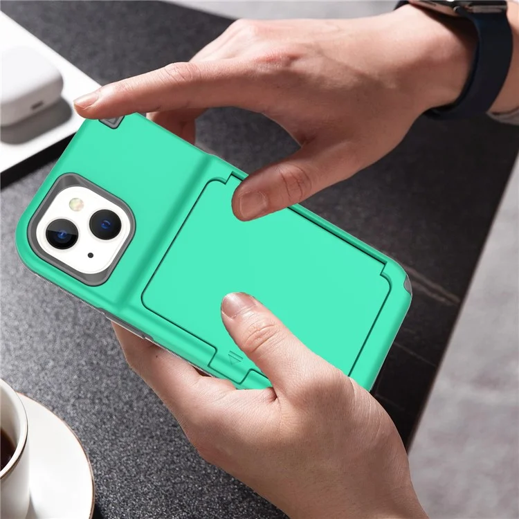 For iPhone 15 Card Case PC+TPU Phone Cover with  Makeup Mirror - Green / Grey