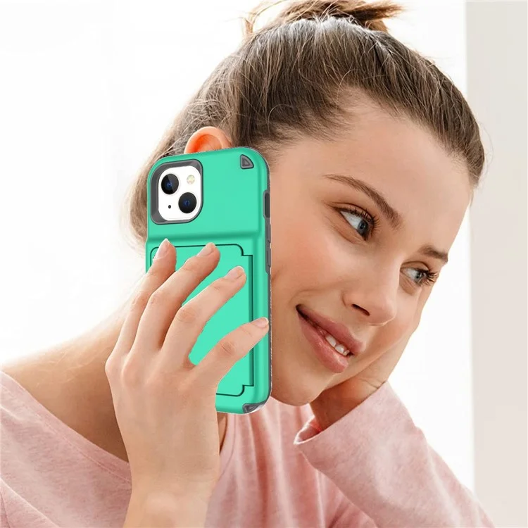 For iPhone 15 Card Case PC+TPU Phone Cover with  Makeup Mirror - Green / Grey