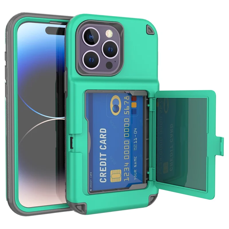 For iPhone 15 Pro Max Case PC+TPU Phone Cover with Hidden Card Slot / Mirror - Green / Grey