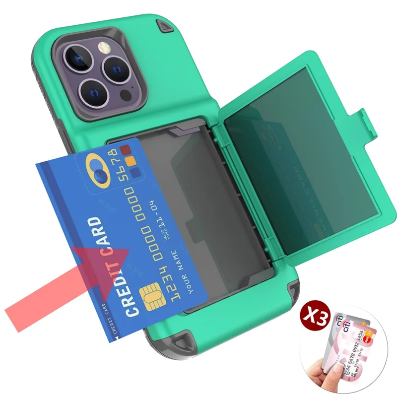 For iPhone 15 Pro Max Case PC+TPU Phone Cover with Hidden Card Slot / Mirror - Green / Grey