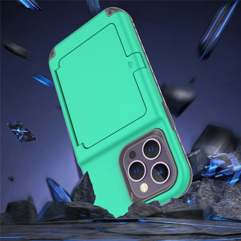 For iPhone 15 Pro Max Case PC+TPU Phone Cover with Hidden Card Slot / Mirror - Green / Grey