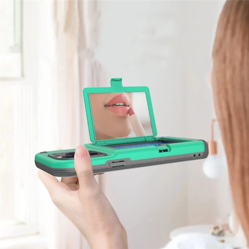 For iPhone 15 Pro Max Case PC+TPU Phone Cover with Hidden Card Slot / Mirror - Green / Grey