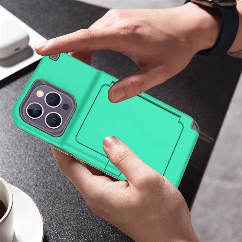 For iPhone 15 Pro Max Case PC+TPU Phone Cover with Hidden Card Slot / Mirror - Green / Grey