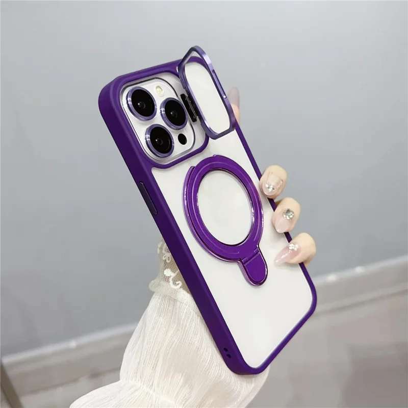 For iPhone 13 Pro Max Magnetic Case Dual Kickstand Acrylic + TPU Phone Cover with Lens Protector - Dark Purple