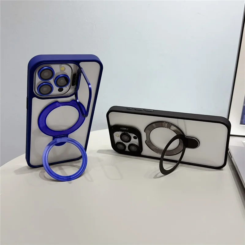 For iPhone 13 Pro Max Magnetic Case Dual Kickstand Acrylic + TPU Phone Cover with Lens Protector - Dark Blue