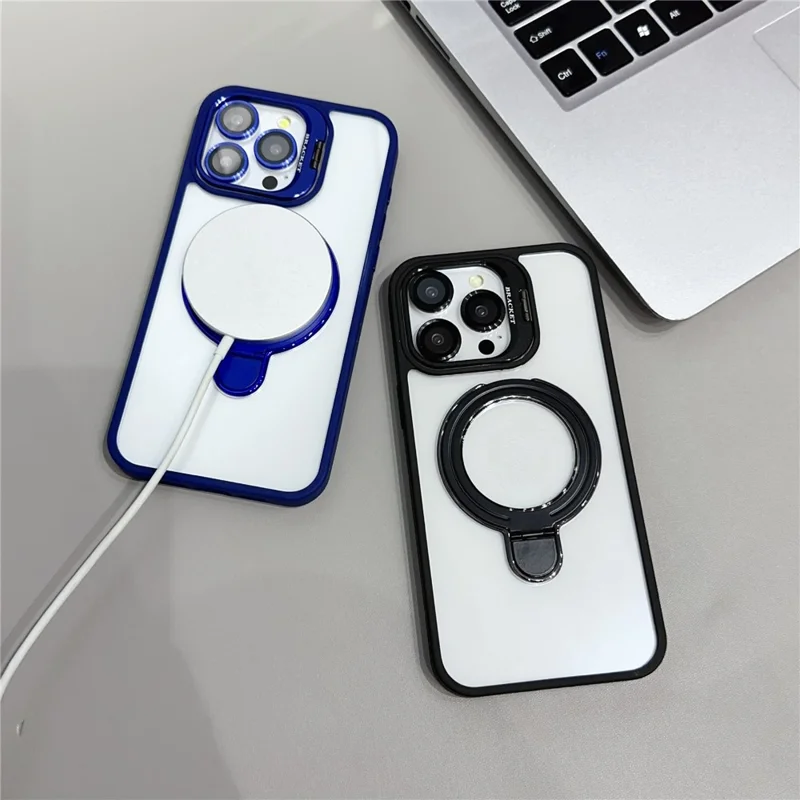 For iPhone 13 Pro Max Magnetic Case Dual Kickstand Acrylic + TPU Phone Cover with Lens Protector - Dark Blue