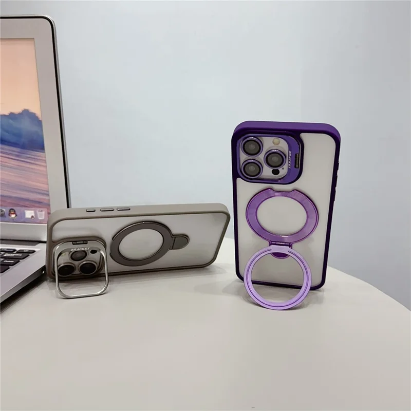 For iPhone 14 Pro Max Magnetic Case Dual Kickstand Acrylic+TPU Anti-drop Phone Cover with Lens Protector  - Titanium Grey