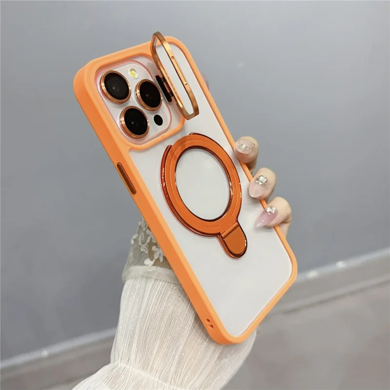 For iPhone 14 Pro Max Magnetic Case Dual Kickstand Acrylic+TPU Anti-drop Phone Cover with Lens Protector  - Orange