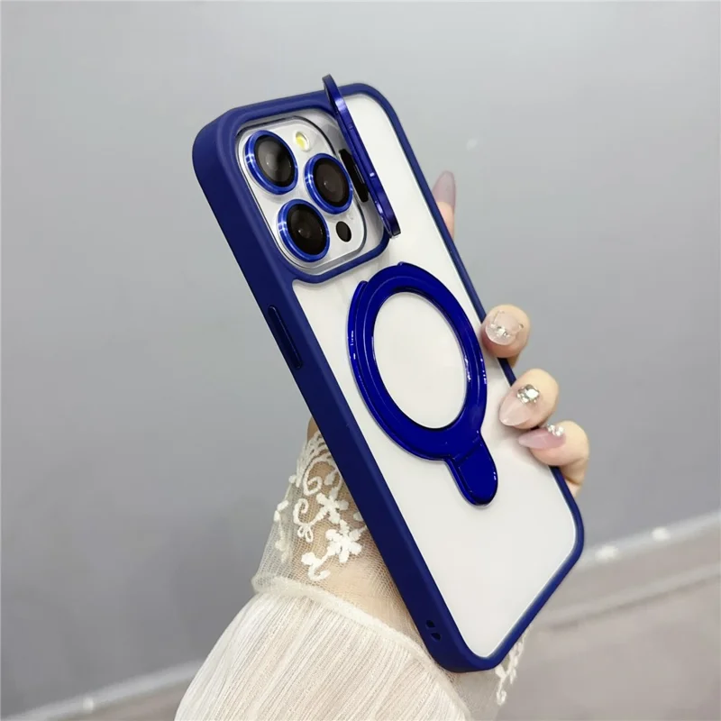For iPhone 14 Pro Max Magnetic Case Dual Kickstand Acrylic+TPU Anti-drop Phone Cover with Lens Protector  - Dark Blue