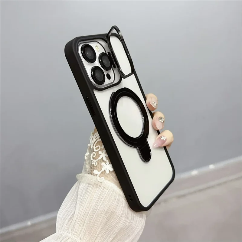 For iPhone 14 Pro Max Magnetic Case Dual Kickstand Acrylic+TPU Anti-drop Phone Cover with Lens Protector  - Black