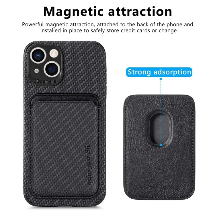 Funda desmontable de 2 en 1 para iPhone 14 Plus, textura de fibra de carbono, soporte magnético para tarjetas de PU Leather + TPU + PVC - Negro