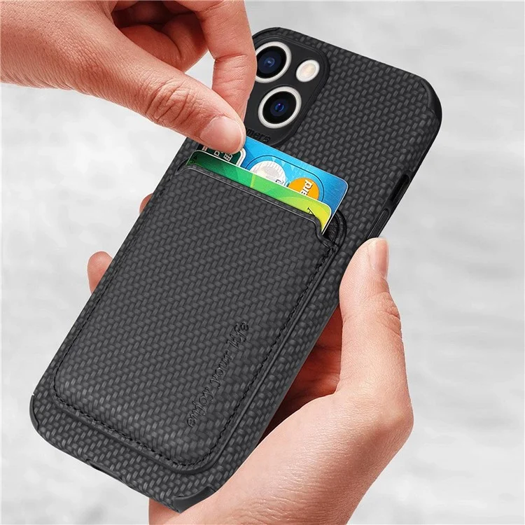 Funda desmontable de 2 en 1 para iPhone 14 Plus, textura de fibra de carbono, soporte magnético para tarjetas de PU Leather + TPU + PVC - Negro