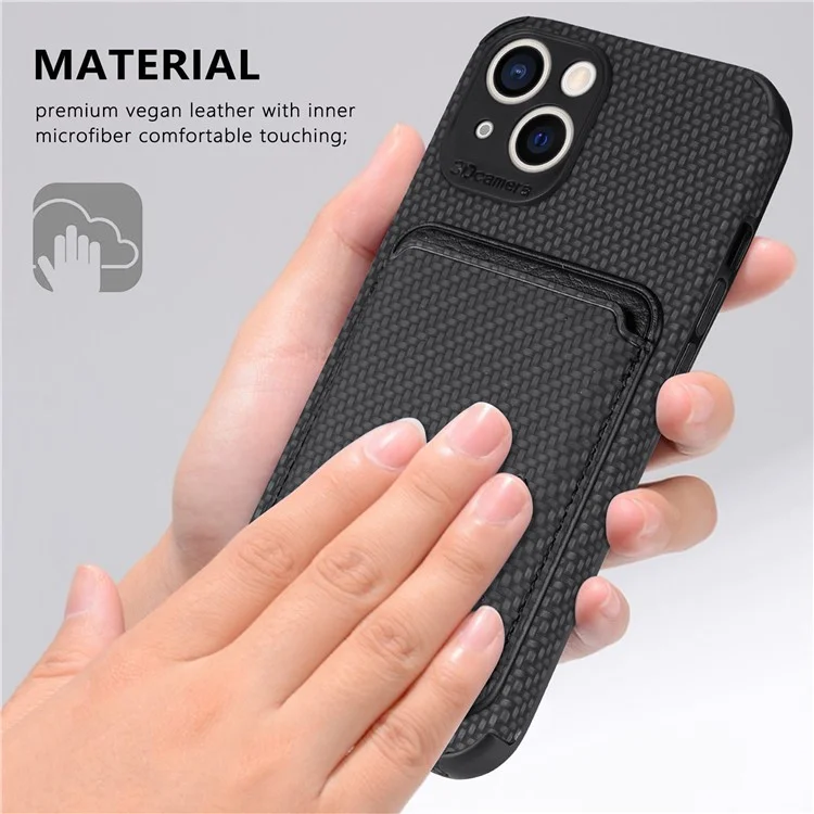 Funda desmontable de 2 en 1 para iPhone 14 Plus, textura de fibra de carbono, soporte magnético para tarjetas de PU Leather + TPU + PVC - Negro