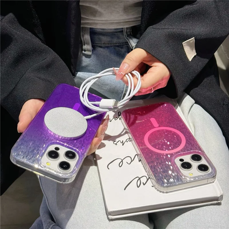 For iPhone 15 Pro Max Magnetic Case Geometric Rhombus IMD PC+TPU Phone Cover - Pink