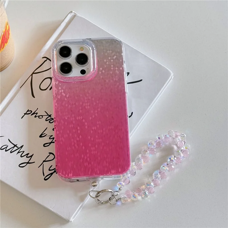 For iPhone 14 Pro Case Rhombic IMD PC+TPU Phone Cover with Beaded Strap - Pink