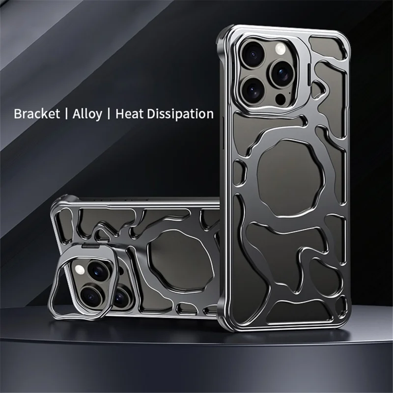 Auspicious Cloud Series For iPhone 15 Pro Max Magnetic Case Aluminum Alloy Hollow Kickstand Phone Cover - Grey