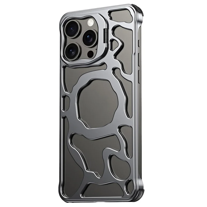 Auspicious Cloud Series For iPhone 15 Pro Magnetic Case Kickstand Aluminum Alloy Phone Cover Heat Dissipation - Grey