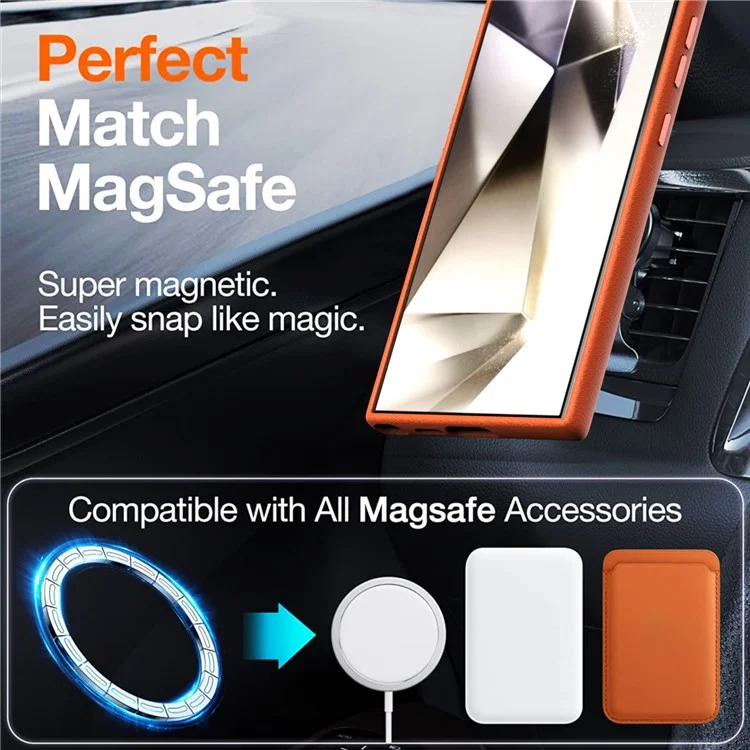 Pour Samsung Galaxy S24 Ultra Étui magnétique en cuir PU avec revêtement PC - Orange