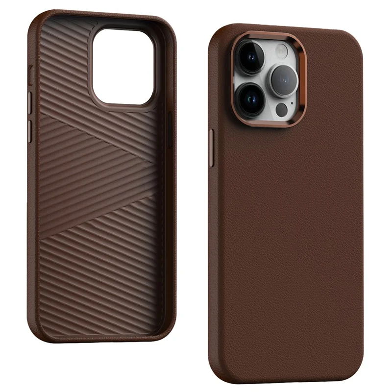 For iPhone 12 Pro Max Case Metal Lens Frame / Button PU Leather+PC Hard Phone Cover - Brown