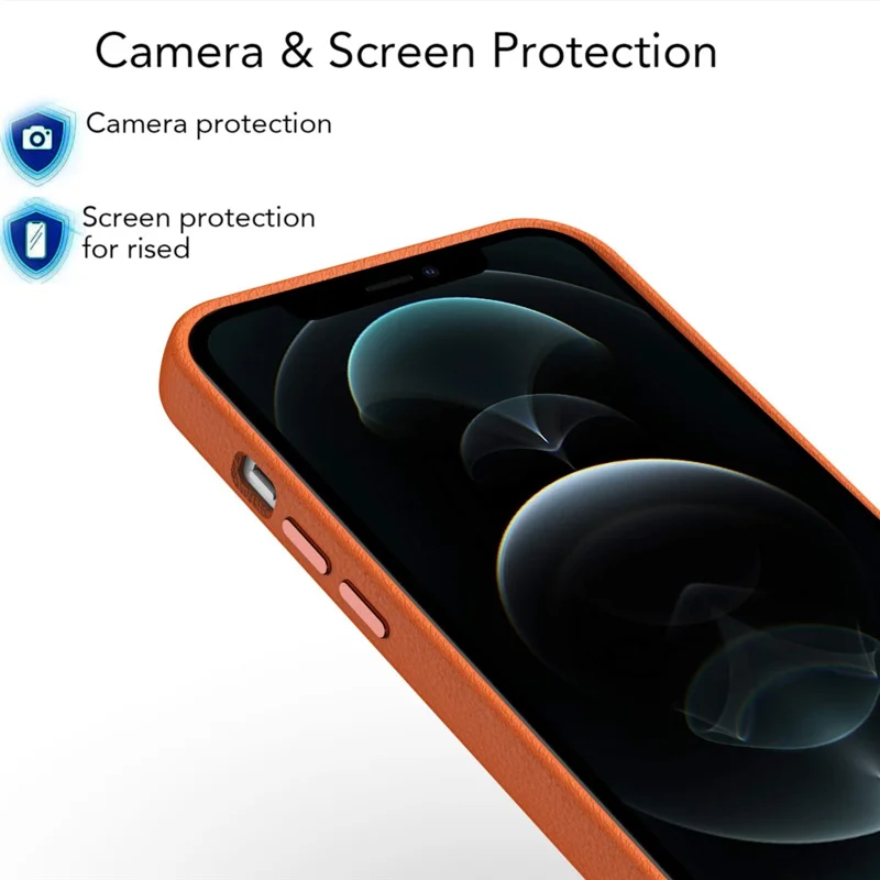 For iPhone 12 Pro Max Case Metal Lens Frame / Button PU Leather+PC Hard Phone Cover - Brown