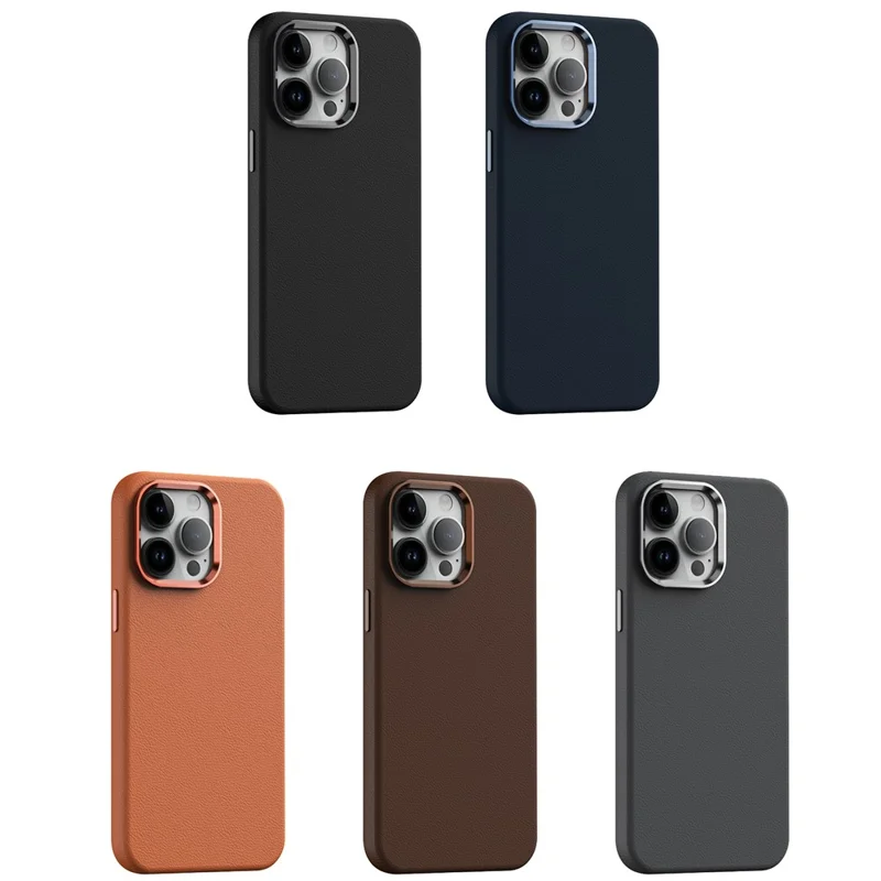 For iPhone 12 Pro Max Case Metal Lens Frame / Button PU Leather+PC Hard Phone Cover - Brown