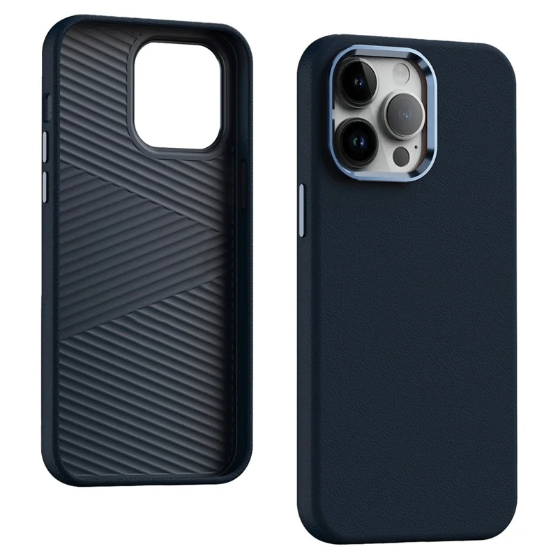Per iPhone 12 Pro Max Custodia Cornice in Metallo Lens / Pulsante in Pelle PU+PC Hard Phone Cover - Blu Scuro