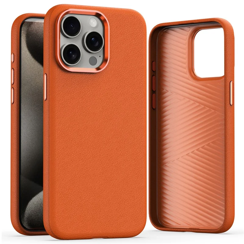 For iPhone 15 Pro Max Slim Case Military Grade PC+PU Phone Cover with Metal Lens Frame - Orange