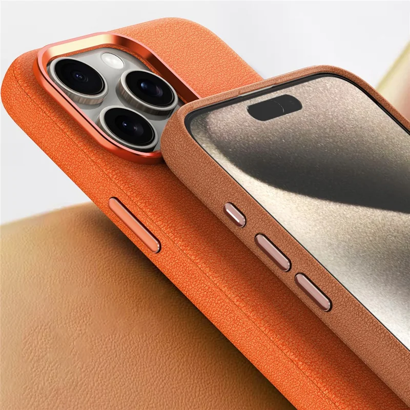 For iPhone 15 Pro Max Slim Case Military Grade PC+PU Phone Cover with Metal Lens Frame - Orange