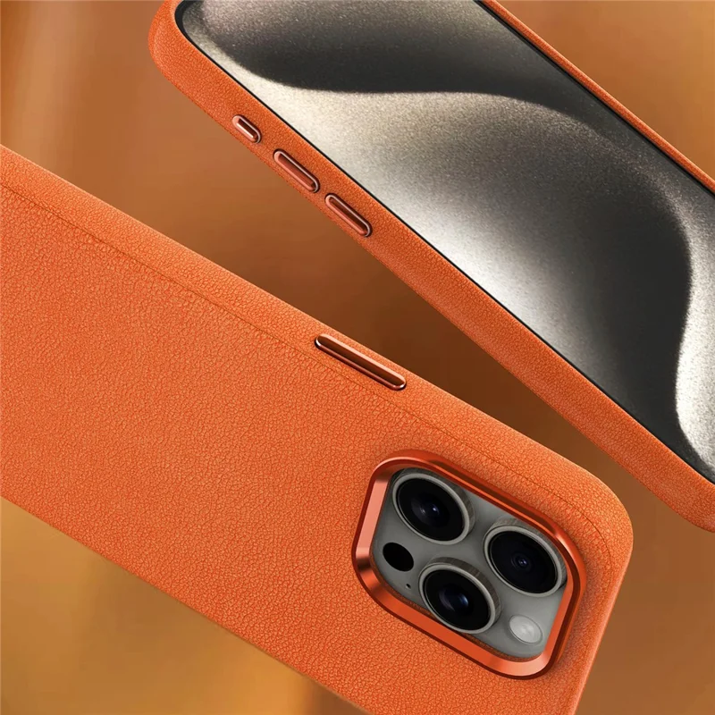 For iPhone 15 Pro Max Slim Case Military Grade PC+PU Phone Cover with Metal Lens Frame - Orange