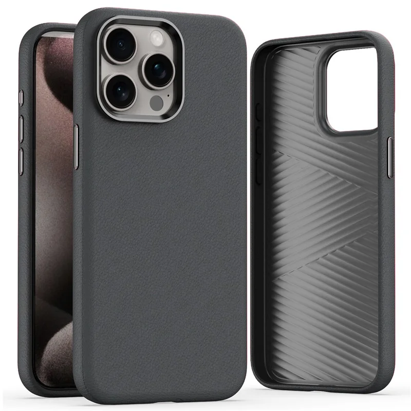 For iPhone 15 Pro Max Slim Case Military Grade PC+PU Phone Cover with Metal Lens Frame - Grey