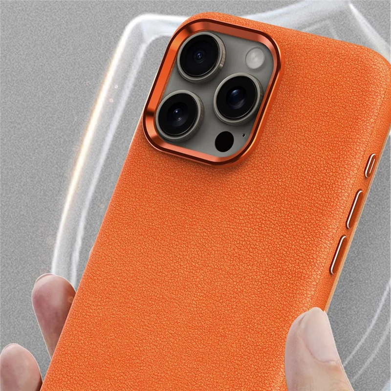 For iPhone 15 Pro Max Slim Case Military Grade PC+PU Phone Cover with Metal Lens Frame - Grey