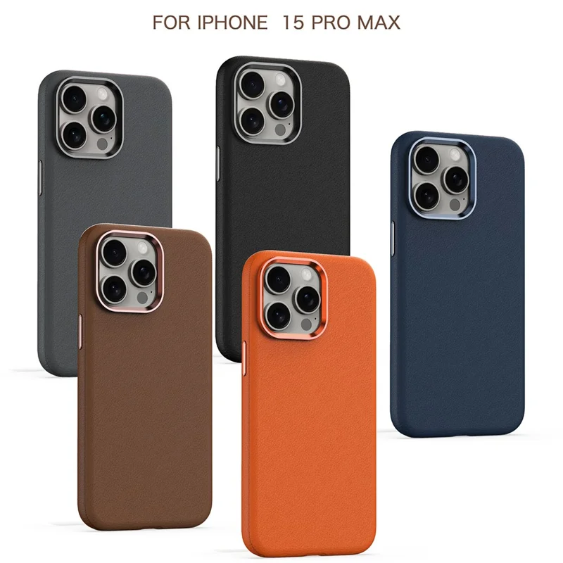 For iPhone 15 Pro Max Slim Case Military Grade PC+PU Phone Cover with Metal Lens Frame - Grey