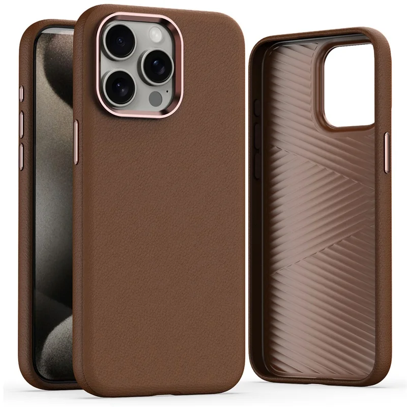 Für iPhone 15 Pro Max Slim Case Military Grade PC+PU Handyhülle mit Metalllinsenrahmen - Braun
