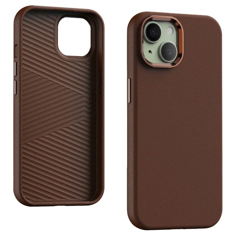 For iPhone 15 Case PU Leather Coated PC Shockproof Phone Cover - Brown