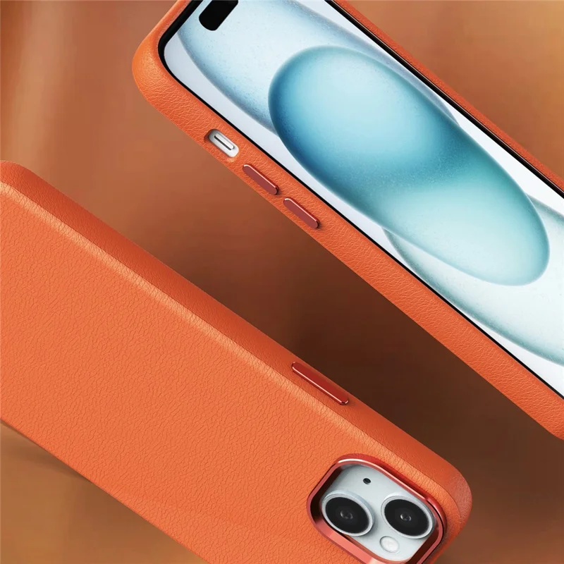 For iPhone 15 Plus Case Leather Covered Hard PC Phone Shell with Metal Lens Frame - Orange