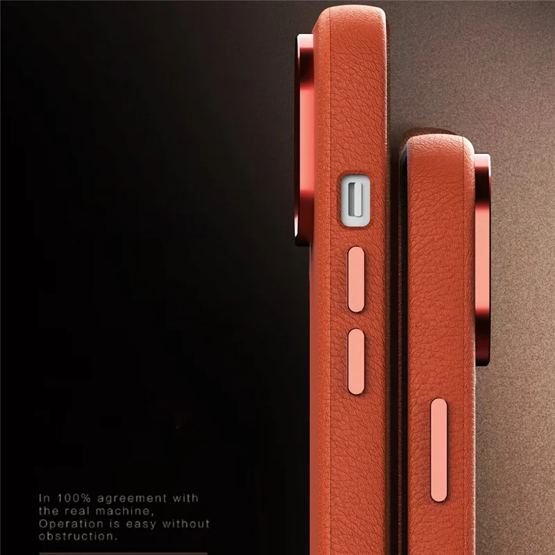 For iPhone 15 Plus Case Leather Covered Hard PC Phone Shell with Metal Lens Frame - Orange