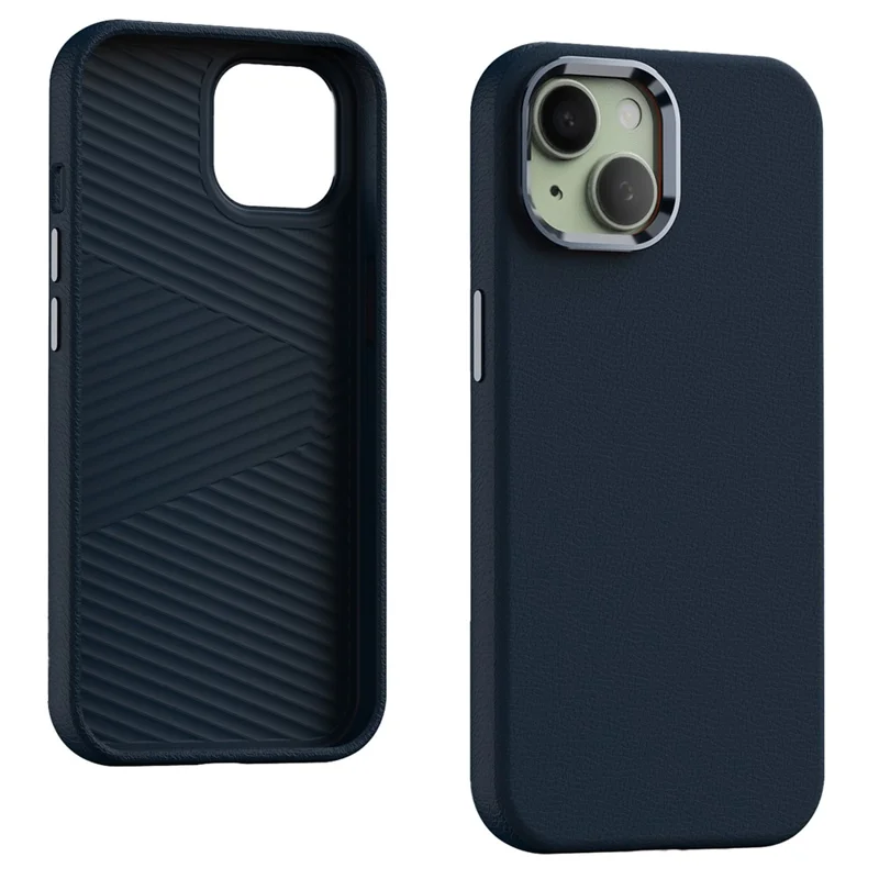 For iPhone 15 Plus Case Leather Covered Hard PC Phone Shell with Metal Lens Frame - Dark Blue